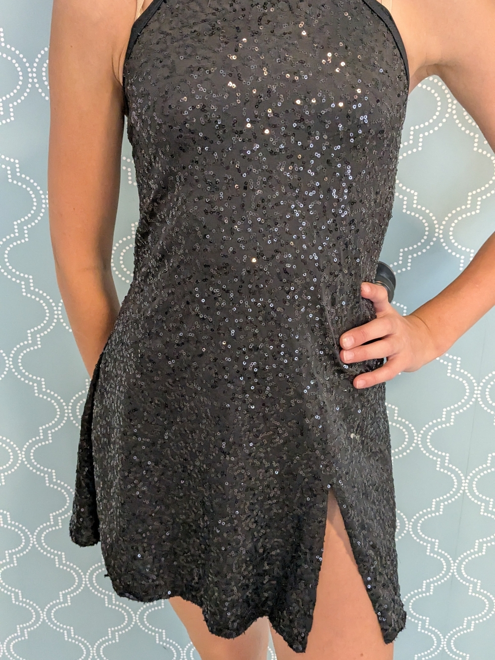 Black Sequin Halter Mini Dress